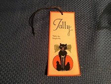 Antique 1910 Taylor Tally Halloween Bridge Card Moon Black Cat Green Bow picture