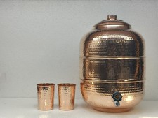 Indian Pure Hammered Copper Water Dispenser (Matka/Pot) Container With 2 Glass picture