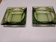 2 Vintage Beautiful Green Glass Square  4.5x4.5 Cigar Ashtrays-Price For Two picture