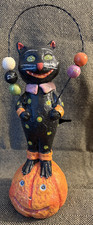 Vintage Primitive Folk Art Halloween Clown Juggling Cat and Jack-o-Lantern picture