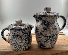 Vintage Blue Spongeware Pitcher and Creamer Set with Lids Cobalt Stoneware 4 Pc picture