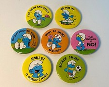 7 Vintage Smurf Buttons Button Pin lot 1980 smurfette 80's retro pins Peyo USA picture