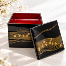 Vintage 1980s Japanese Jubako 3 Tier Lacquer Bento Box Gold Birds Waves Mint 5x5 picture