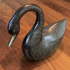 Vintage Ornate Hand Engraved Brass Swan Black Enamel Buta Paisley 11.5” picture