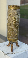 Rare WWI / WWII Trench Art Brass Shell Casing Vase Bird Embossed 3 Legged Stand picture