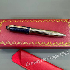 CARTIER Blue Floral Cap Ballpoint Pen Silver Tone Fluted Barrel w/ Box picture