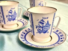 Vintage USSR LFZ Lomonosov May 5 Cups & Saucers Blue Ship Gold Bone China picture