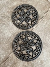 Vintage Pennsylvania Dutch Hearts Round Cast Iron Trivet Lot Of 2 picture