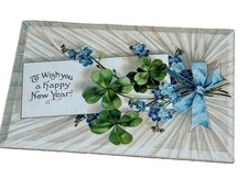 Antique 1908 Happy New Year Postcard Four Leaf Clover Germany Embossed picture