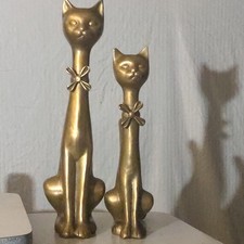 Set of 2 Vintage Brass Cat Figurines with Bow Collar/Accents picture