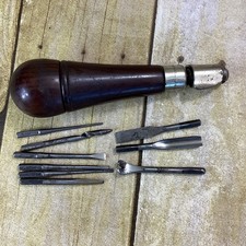 Vintage US Fray & Co Wood Multi Tool Handle 9 Original Bits Bridgeport CT picture