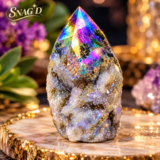 200g Angel Aura Sphalerite Flame Druzy Geode Crystal Tower Obelisk Healing Decor picture