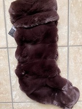 Tahari Christmas Stocking Cuffed Dark Brown Log Cabin Rustic Faux Fur 22” Long picture