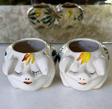 Pair Vintage Ceramic Pig Planters Hand Painted Floral Sleepy Eyes MCM picture