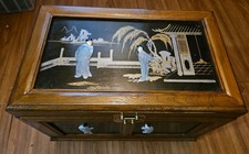 VTG ASIAN Musical JEWELRY BOX Geisha Figures, Drawers 14x12x10 Brass Hardware picture