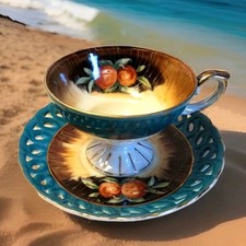 Gorgeous Footed Tea Cup & Saucer Peaches On A Green Leaf Japan  FRUIT By The Sea picture