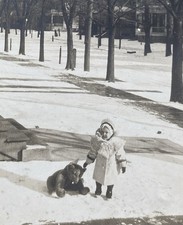 Large Antique Teddy Bear Cute Kid in the Snow Houses on the Street Vintage Photo picture