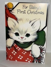 Baby’s First Christmas 3.5 X 5” Unused VINTAGE STYLE Greeting Card Cat Kitten picture