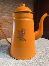 Vintage Orange Enamelware Tea Coffee Pot Black Trim Enamel 1960's picture