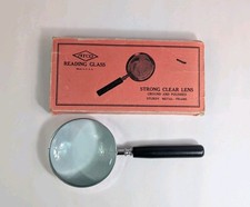 Vintage Atco Round Reading Glass Magnifying Lens Black Wood Handle With Box picture