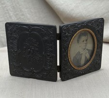 Antique Gutta Percha Union Case with Tintype Portrait – Floral Civil War Era picture