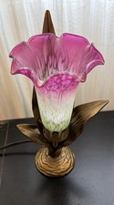 Vtg 1970s Meyda Tiffany Style Pond Lily Lamp w/Amber Ruffled Glass Tulip Shade picture