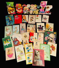 32 Vintage Birthday Greeting Cards Lot 1950s 60s Kids Animals Die Cut MCM picture