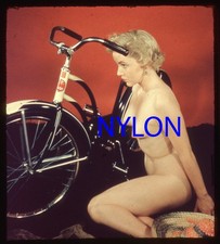 RARE VINTAGE 1950s 3D STEREO KODACHROME COLOR SLIDE OF NUDE MODEL WITH A BICYCLE picture