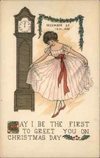 Gibson Christmas Pretty Woman Curtsies Grandfather Clock Vintage PC picture