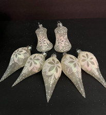 Vtg frosted glass Christmas ornaments teardrop/bell ivory sparkle accents 7 pc picture