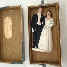 Vintage 1951 P&H Chalkware Wedding Cake Topper Bride and Groom Figurine Box picture