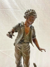 Bruchon Signed Figural Mantel Clock Mechanical Analog Red Marble Brass Feet picture