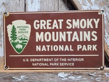 VINTAGE GREAT SMOKY MOUNTAINS PORCELAIN SIGN RARE OLD NATIONAL PARK SERVICE CAMP picture
