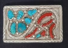 Zuni Signed Angie C-Cheama Vintage Snake Belt Buckle Silver Turquoise Red Coral picture