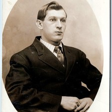c1910s Young Handsome Man Studio Portrait RPPC Postcard Oval Vignette Suit Tie picture