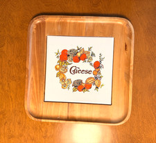 Vintage 1970s Ceramic Wood Cheese Tile Board Platter Tray, Kitchen picture