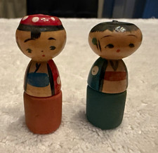 Vintage Japanese Wooden Kokeshi-Style Dolls Figures Pair Marked JAPAN picture