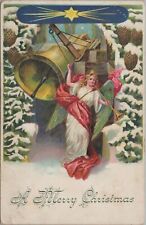 1907 Merry Christmas angel wings trumpet horn bell star pine cones snow E607 picture