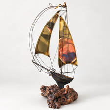 Vintage MCM Metal Sailboat Sculpture Amber Sails Burl Wood Base picture