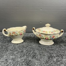 Stetson China Sugar Bowl Lid & Creamer Set  Roses Daisies Blue Flowers Scalloped picture