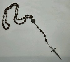 Vintage Ghirella Catholic Cocoa Wooden Bead Rosary Silver Tone Crucifix Italy picture