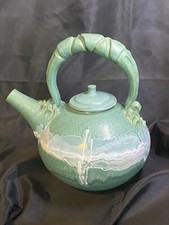 VINTAGE ARTISN TEAPOT POTTERY BLUE GREEN WHITE SIGNED 10.5 x 11