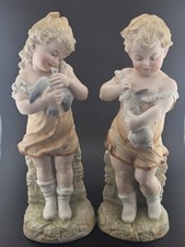Vintage Bisque Porcelain Boy Girl Figurines w Bunny Dove Pair picture