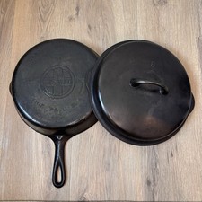 Griswold Vtg Cast Iron Skillet No. 8 Large Block Logo w/ Lid USA Made Lays Flat picture