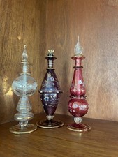 Set of 3 Antique Hand-Painted Art Glass Perfume Bottles Purple, Pink, Clear Gold picture