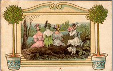 Elegant Victorian Ladies Postcard, Edwardian Fashion, Framed Art Scene, Unposted picture