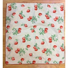 Vintage Strawberry Print Square Tablecloth Red Rickrack Trim Cotton 31x31 picture