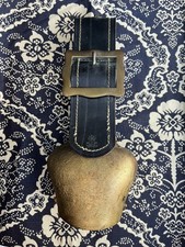 Vintage Switzerland Cow Bell Leather Black Belt Strap Metal Bell Swiss Antique  picture