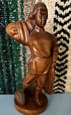Vintage Hand-Carved Boxwood Figurine Girl Laborer Carrying Sack picture