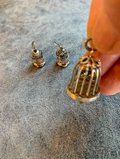 Vintage bird cage earrings sterling and bird cage pendant with bird picture